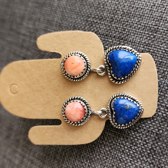 Gorgeous NWOT Native American Navajo Lapis and Pink Conch Earrings ππ©· - Picture 10 of 10
